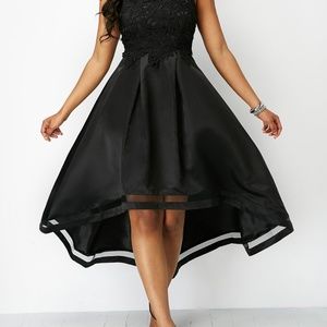 Sleeveless Lace Panel Black High Low Dress